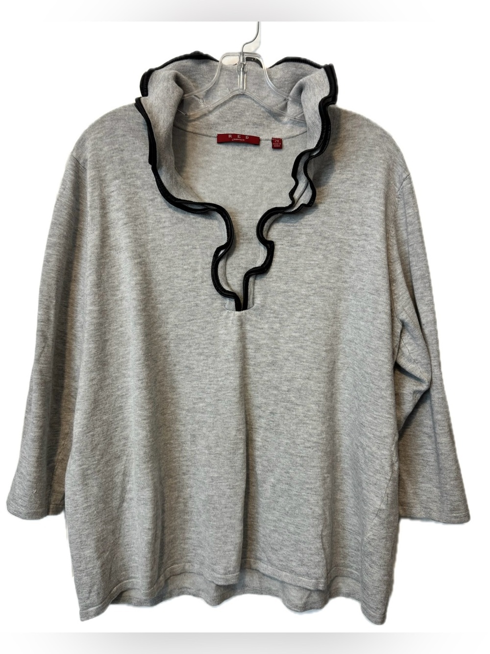 RED Gray Ruffle Neck Sweater Women’s 2X Lightweight Knit Top Faux Leather Trim